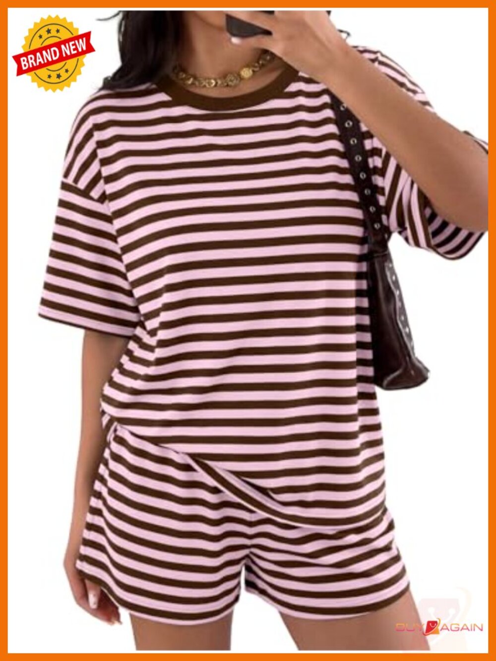 Striped Two Piece Lounge Set Oversized Tee High Waisted Shorts 96% Polyester 4%
